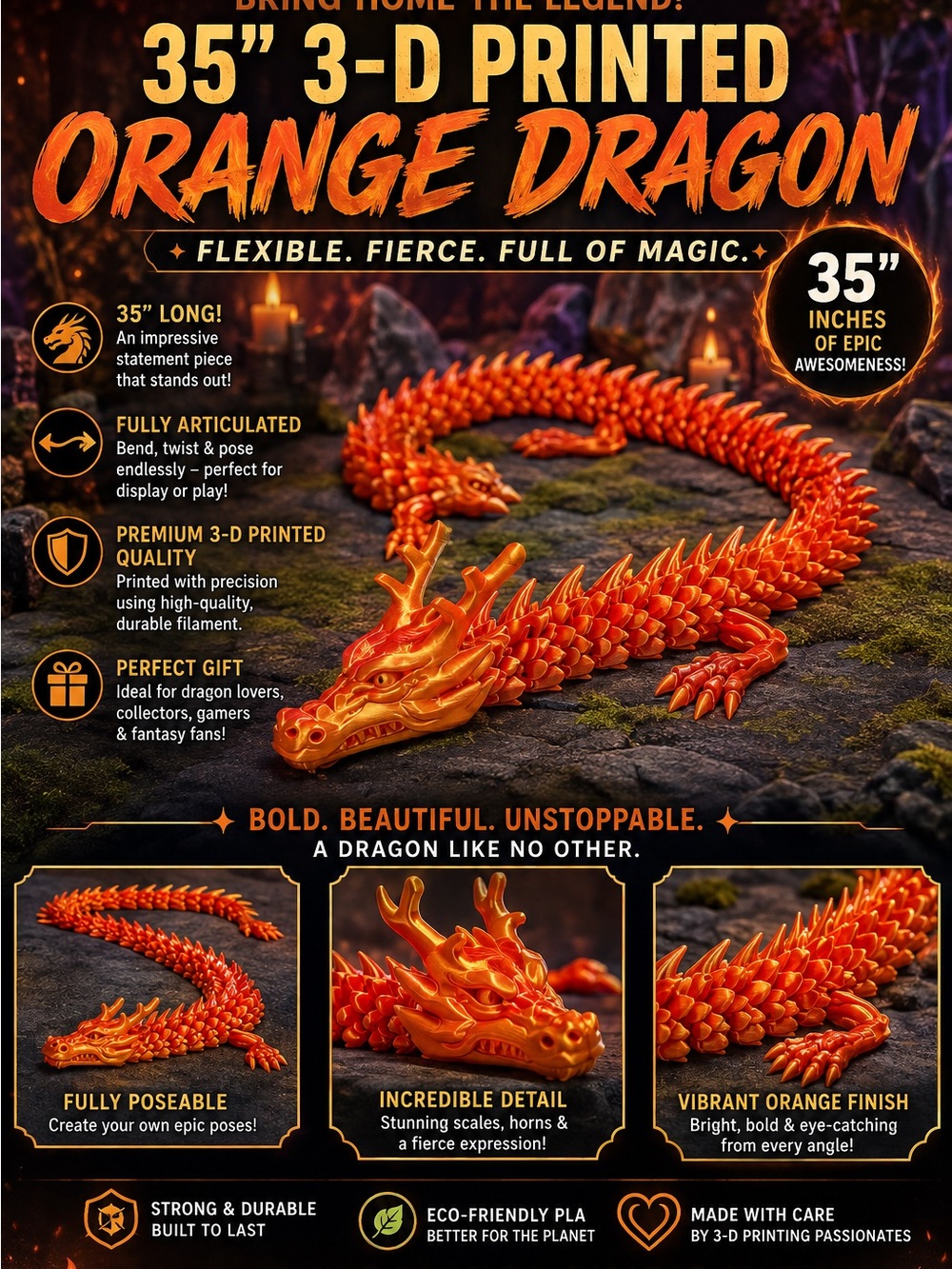 Orange Dragon 3D Printed Reptile Figure - Orange